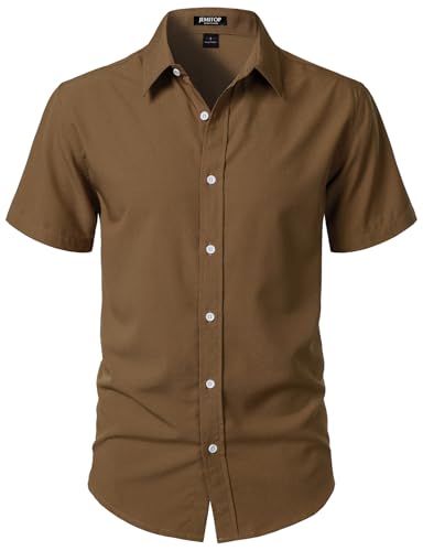 JEMITOP Mens Stretch Wrinkle-Free Textured Brown Shirt Summer Lightweight Short Sleeve Button Down Vacation Beach Casual Shirts Light Brown L