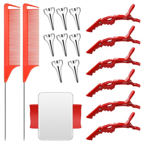 Coldairsoap Hair Parting Tools Set, 17 Pieces Including Hair Parting Rings, Sectioning Clips, Rat Tail Combs, Magnetic Wrist Pin Holder (Red)