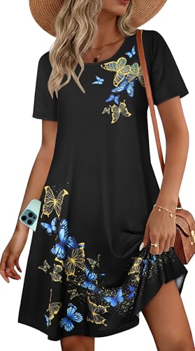 Image of Womens Summer Dresses Beach Casual Loose Tshirt Floral Short Sleeve Flowy Pockets Sundresses 2026