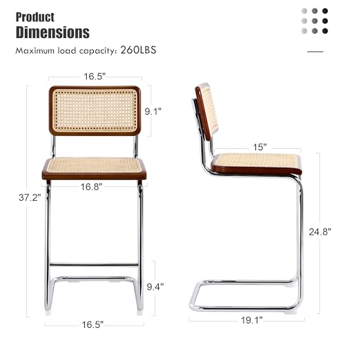 Image of Flouki Rattan Bar Stools Set of 4, Counter Height Stools with Wicker Back, 24 Inch Modern Bar Stools, Mid Century Cantilever Counter Chairs for Kitchen Island,Walnut Wooden Frame, Chrome Legs