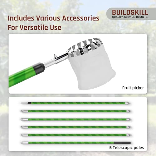 Image of BUILDSKILL 24 Ft Telescopic Coconut Plucker with Pole - Shock Proof | Adjustable Height 8-24 ft | Includes Fruit Picker | Lightweight & Durable Fiber Glass Construction - Easy Assembly