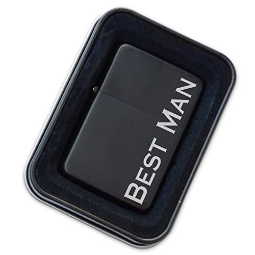 Product Image of the Engraved Matte Black Lighter with Gift Tin - Windproof, Flip-Top, Refillable (Best Man)