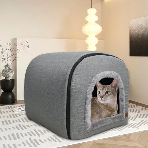 Whiwhi Katzenhöhle für Drinnen Katzen Höhlenbett mit Plüsch Katzenkissen Schlafhaus Haustierhaus Faltbares Hundehöhle 45x35x35cm(Grau)