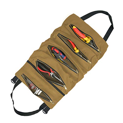 OFNMY Canvas Tool Roll Organizer,Tool Roll Up Bag & Wrench Organizer,Wrench Roll Pouch with 5 Pockets,Tool Organizer Bucket for Electrician,HVAC, Plumber, Carpenter or Mechanic - Khaki