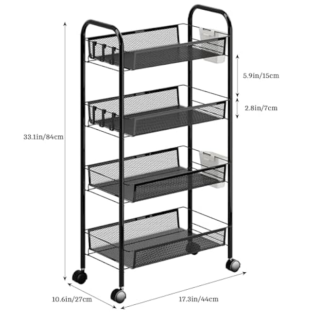3/4/5 Tier Fruit Vegetable Basket, Stackable Metal Mesh Storage Basket with 360 Degree Wheels, Fruit Vegetable Produce Basket Storage Organizer for Kitchen, Pantry, Bathroom Black 4-Layers-OsoY4kw2