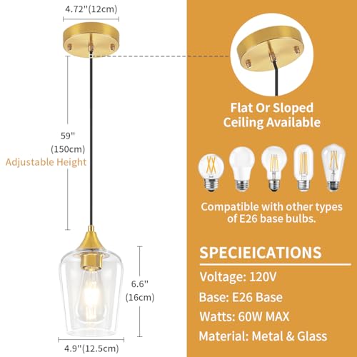 3-Pack Brushed Gold Pendant Lights Kitchen Island, Modern Glass Pendant Lighting Over Island Kitchen Hanging Light Fixtures Hallway Pendant Lights for Bathroom Dining Room Entryway Foyer Bedroom by YUEMZS - Used condition - Image 4