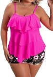 B2prity Women Plus Size Tankini Swimsuits Tummy Control Two Piece Bathing Suit Ruffled Flounce Swimwear with Shorts(Hot Pink)