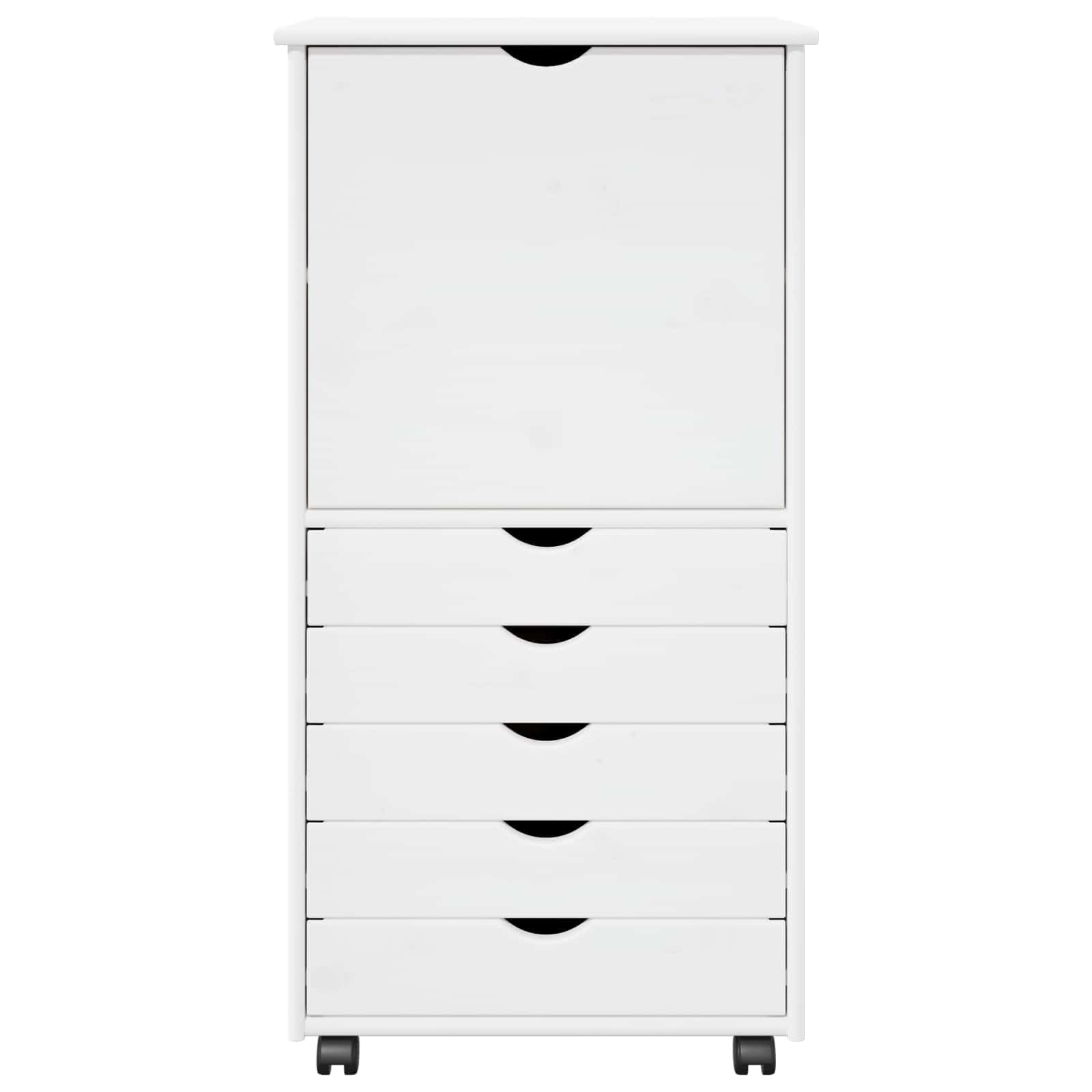 Rollschrank Kiefer Massivholz Weiß 53 x 39 x 103 cm Mobiler Rollcontainer mit 5 Schubladen und 1 Fach Moderner Beistellschrank für Home-Office Arbeitszimmer und Wohnzimmer