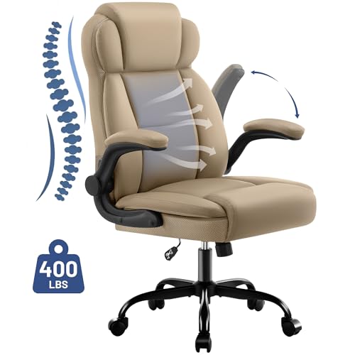 AreShark Ergonomic Office Chair with Lumbar Support, 400lbs Heavy Duty Big and Tall Executive Desk Chair, PU Leather High Back Computer Chair with Integrated Headrest & Flip-Up Arms, Khaki — view 3
