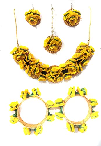 Ayan Collection by Must You Have Artificial Flower Jewellery Set of Flower Bangles, Earrings, Mangtika and Necklace for Women (Yellow)