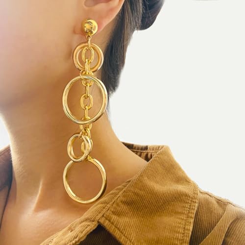Long Chain Circle Drop Earrings for Women Multilevel Geometric Hollow Round Tassel Dangle Earrings Exaggerated Circle Dangling Earrings Punk Jewelry3