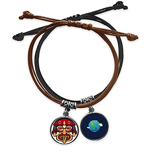 Pulsera de cuerda de mano estilo totem indio cara abstracta en cuero tierra
