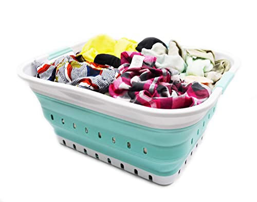SAMMART 42L (11 gallon) Collapsible Plastic Laundry Basket - Foldable Pop Up Storage Container/Organizer - Space Saving Hamper/Basket (1, White/Lake Green)