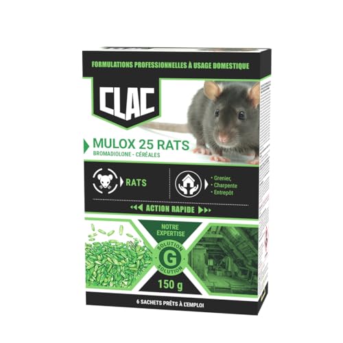 Clac Mulox25 Rats - Anti-Rats Puissant Professionnel - Céréales à base de Bromadiolone - Appât Très Appétent au Blé- Action Rapide - Intérieur & Extérieur (Greniers, Caves, Bâtiments)