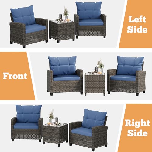 Shintenchi 3 Pieces Patio Furniture Set 3 Pieces PE Rattan Wicker Chairs with Table Outdoor Furniture for Backyard/Garden/Poolside/Outdoor Restaurant Gary Rattan with Blue Cushion - Image 5