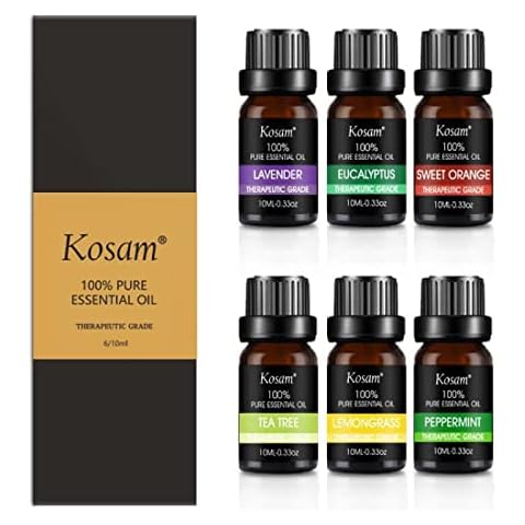 Essential Oils Set, by Kosam 6pcs Aromatherapy Oils, 100% Pure Diffuser Oils Therapeutic Grade Lavender, Sweet Orange, Tea Tree, Eucalyptus, Lemongrass Cover