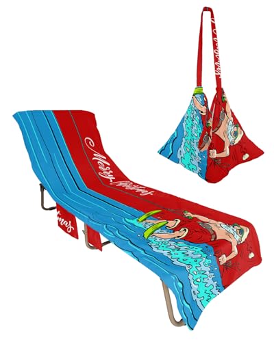 Surf Santa Beach Chair Towel Covers for Chaise Lounge with Side Pocket, Soft Plush Pool Towels Cover for Patio Sunbathing Outdoor 29''x85'' Summer Beach Christmas Nautical Red