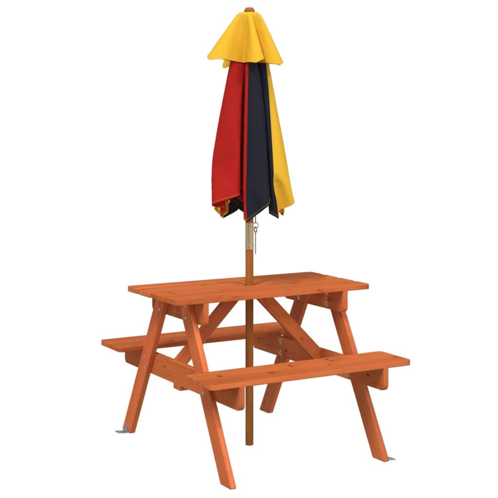 Tavolo da picnic per 4 bambini in legno di abete massiccio con ombrellone, tavolo da giardino per terrazza e balcone, tavolo da esterno stabile per cene, barbecue, feste in giardino e in