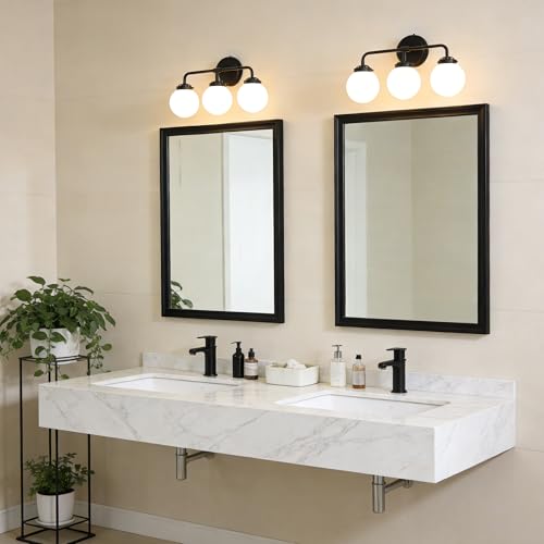 Image of Bathroom Light Fixtures 18.3in 3-Light Matte Black Vanity Lights for Mirror | Bathroom Lighting Fixtures over Mirror, ETL, Brushed Brass Wall Sconce, Dimmable E12 Base Max 60W, Milky Glass Ball Shades