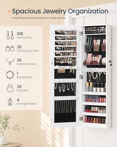 Image of SONGMICS HOME Mirror Jewelry Cabinet, Lockable Hanging Jewelry Organizer with Full-Length Mirror, Door or Wall Mounted Storage Cabinet, White