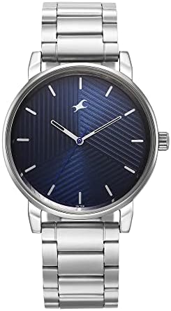 Fastrack Stunners Men Quartz Movement | Deep Blue Striped Dial with Polished Silver Metal Strap | Modern Textured Design & Durable Silver Case - 3278SM03