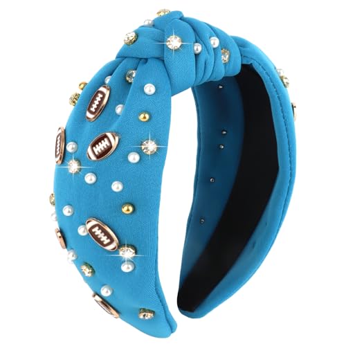 YARIEW Football Headband for Women Pearl Rhinestone Jeweled Knotted Headband Fashion Headband Wide Game Day Sports Hair Accessories Gift for Football Mom Fans