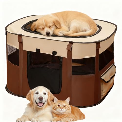 Welpenlaufstall Tierlaufstall - 70x55x40cm Faltbarer Haustierzaun,Oxford Wasserdichter Welpenauslauf,Welpenauslauf Rechteckiges Zelt für Hunde, Katzen und Kleintiere (Braun)