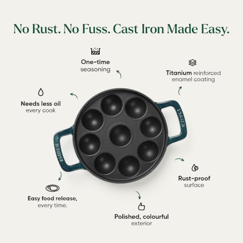 Image of Ember TitaniumClad Cast Iron Appe Pan 20 cm with Glass Lid | 9 Cavities | Rust-Proof Titanium Enamel, Lesser Seasoning Paniyaram Pan | Low-Oil Paddu Maker | Teal
