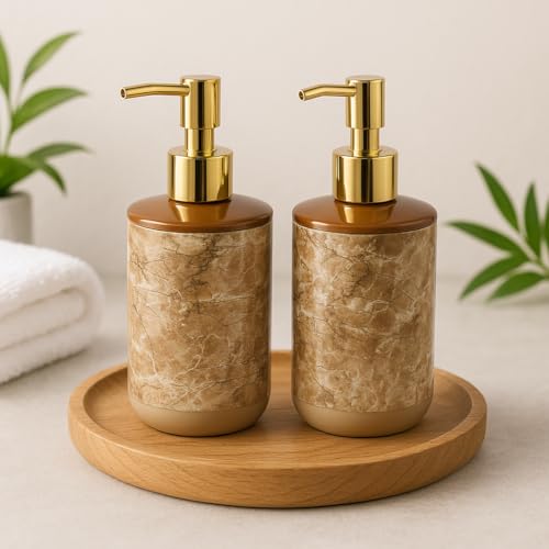 Image of LAGET 300ml Soap Dispenser for Wash Basin - Marble Golden Print | Kitchen and Bathroom Accessories Items | Refillable Handwash Dispenser Bottles- Set of 2 (Brown Twinkle)