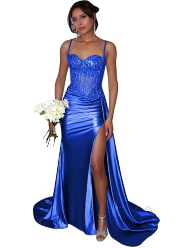 Mermaid Prom Dresses Sparkly Lace 2025 Satin Spaghetti Straps Formal Evening Party Gowns for Women