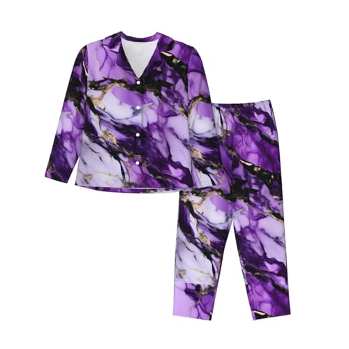 Pyjama marbre violet femme ensemble nuit anti serrage taille élastique