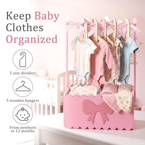 Yiyiring Pink Bow Wooden Baby Shower Crate Closet Charming Storage Basket with 5 Hangers 5 Bow Dividers 4 DIY Bows Easy Assembly Storage Crate Hamper Gifts for Baby Shower Pregnancy by Yiyiring - Used condition - Image 2
