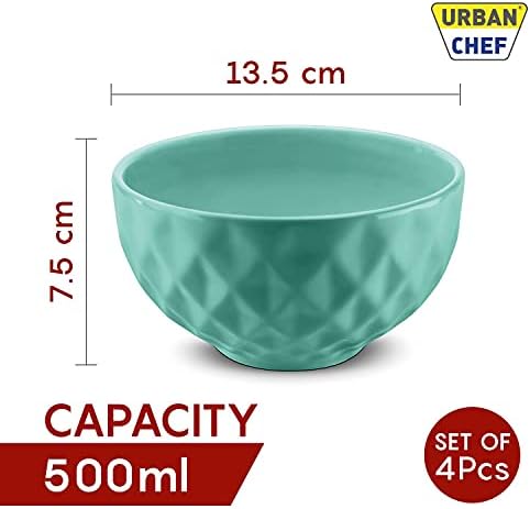 URBAN CHEF Ceramic Bowl | 500 ml | Kitchen Accessories Items for Home, Serving Bowl,Bowl Set for Gift, Microwave Safe Bowl Set, Ice Cream Bowl, Prism Ceramic Handcrafted (Set of 4 - Colour May Vary)