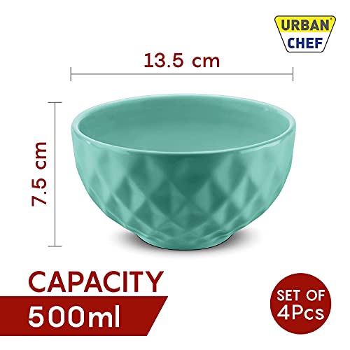 URBAN CHEF Ceramic Bowl | 500 ml | Kitchen Accessories Items for Home, Serving Bowl,Bowl Set for Gift, Microwave Safe Bowl Set, Ice Cream Bowl, Prism Ceramic Handcrafted (Set of 4 - Colour May Vary)