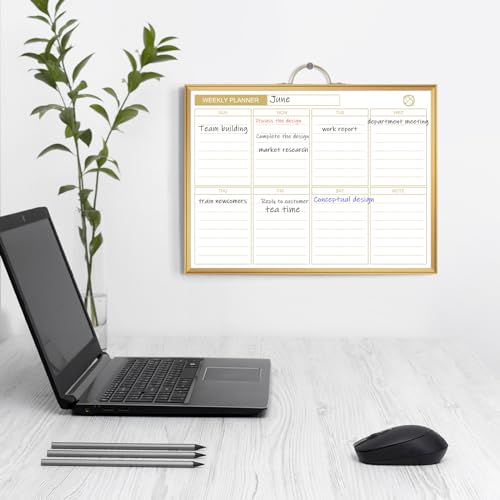 ARCOBIS Weekly Dry Erase Board for Wall, 12\" x 16\" Small Magnetic White Board Calendar Dry Erase, Double-Sided Whiteboard Planner for to Do List, Planning, Memo, School, Home, Office, Kitchen, Gold