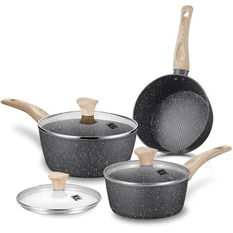 KOCH SYSTEME CS Sauce Pan Set with Lid, 1.5QT & 2.5QT & 3QT Saucepan Sets with Nonstick Coatings, Non-toxic Marble Sauce Pans with Lids, Sauce Pan Set with Bakelite Handles, Nonstick Pots Set 6 Piece Cover