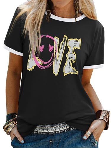 T-shirt graphique funky pour femme avec col rond et motif visage souriant