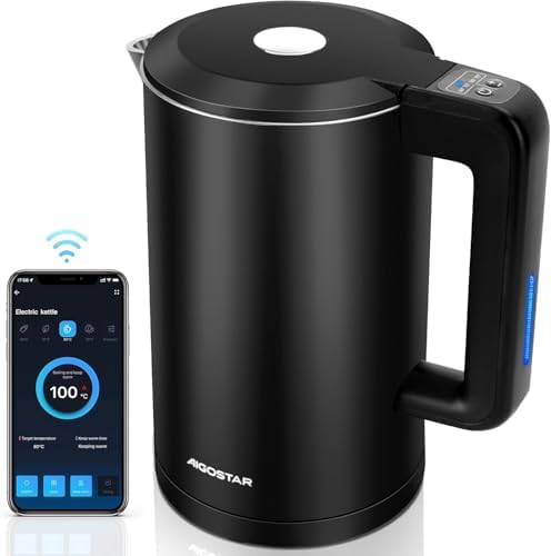 Aigostar Benjamin – Smart Water Kettle Temperature Adjustable from 40 °C to 100 °C, Wi-Fi, Alexa and Google Home. Double Wall Stainless Steel, 2200 W, 1.7 L, Keep Warm 24 Hours