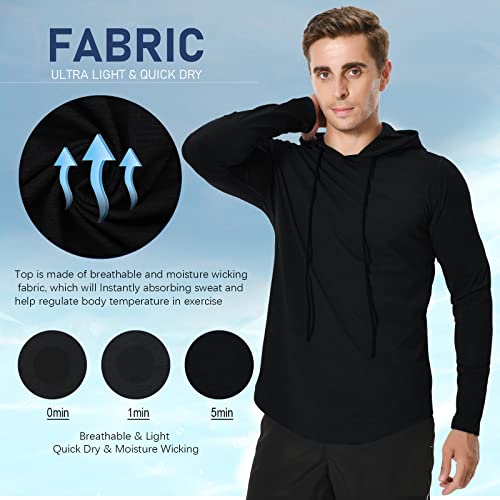 Meetyoo Long Sleeve Workout Hoodie Shirts For Men, Lightweight Athletic Running Hooded T-Shirt Gym Fishing Sweatshirts Black #TOP1