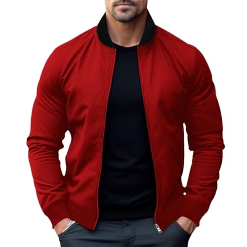 Men's Bomber Jacket Fashion Stylish Lightweight Windbreaker Full Zip Spring Fall Casual Jackets for Men Red