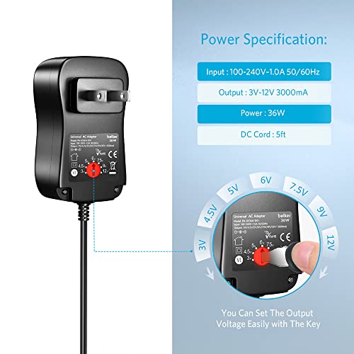 Belker 36W Universal 3V 4.5V 5V 6V 7.5V 9V 12V AC DC Power Adapter Supply for Household Electronics Routers TV Boxes LCD CCTV Cameras - 0.5A 1A 1.5A 2A 2.5A 3A 2500mA Max.