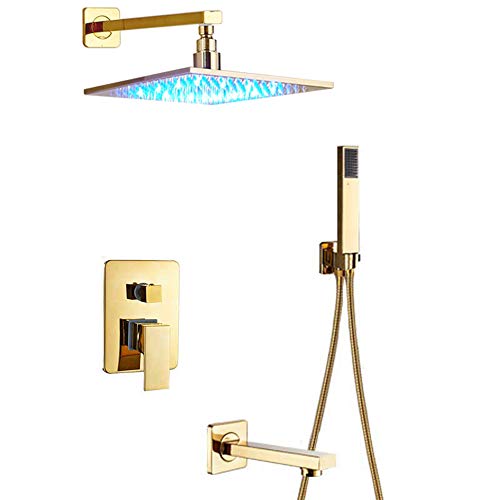 Douche à effet pluie à LED dorée encastrable avec douchette et bec baignoire