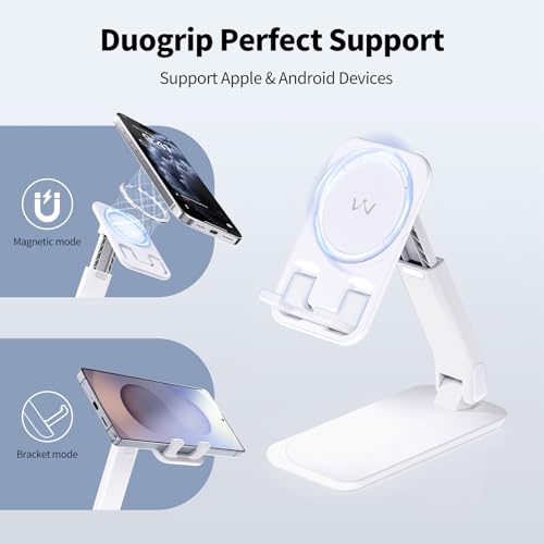 Image of iWALK Magnetic Cell Phone Stand for Desk, Angle and Height Adjustable Mobile Phone Holder, Foldable Magnet Stand for iPhone 17 16 15 14 13 12 Pro Max and iPad, Cell Phone Holder for Samsung, White