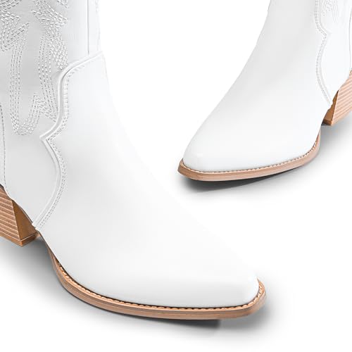 DREAM PAIRS Womens Cowboy Boots Wide Calf Comfortable Pull On Zipper Chunky Heel Pointed Toe Embroidered Western Cowgirl Knee High Boots Ladies Retro Tall Boot,Size 7.5,White,SDKB224W