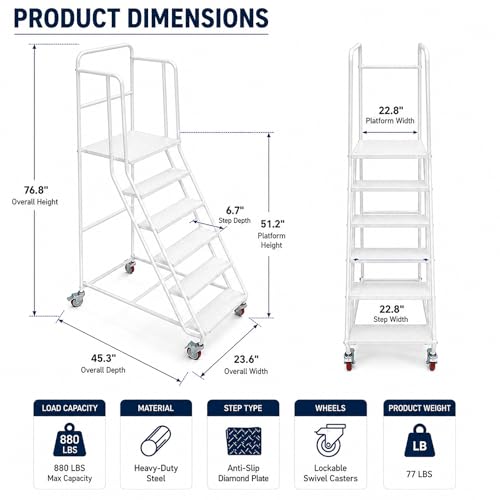Image of 6 Step Rolling Ladder with Handrails, 880 lbs Capacity Heavy Duty Steel Mobile Warehouse Ladder with Locking Wheels, Non-Slip Rolling Stairs with Large Platform for Garage, Stockroom, Library