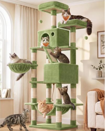 Image of Feandrea Cat Tree, 81.1-Inch Large Cat Tower, Multi-Level Condo, Green | with 13 Sisal Scratching Posts, 2 Perches, 2 Cave, Hammock, Basket, Pompoms for Indoor Cats, Easy to Assemble, UPCT190C01