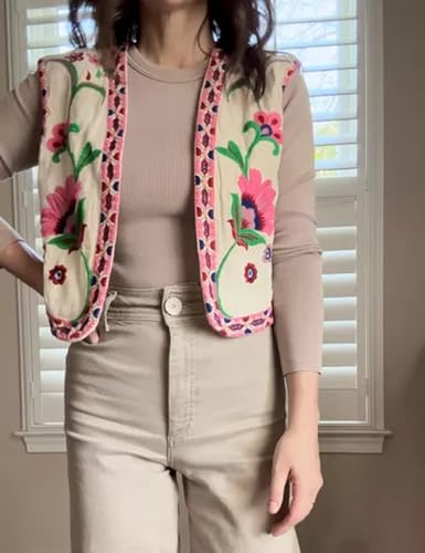Womens Floral Embroidered Vest Vintage Open Front Outwear Boho Vests Sleeveless Waistcoat2