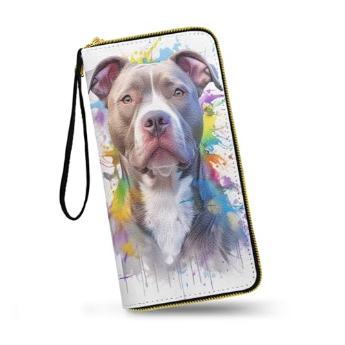 Pitbull Dog Wallets for Women Watercolor Dogs Painting Zipper Long Wallet Clutch Coin Pocket, Color Splatter Paint Puppy Print Ladies Long Purse Credit Card Holder