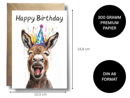 WBdesignz Esel Geburtstag Karte mit Umschlag - Lustige Geburtstagskarte “Happy Birthday” Glückwunschkarte Geschenkkarte zum Geburtstag Happy Birthday Karte (DIN A6)