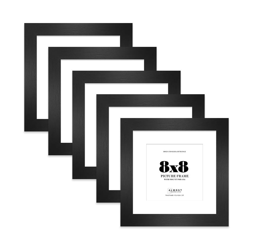 8x8" Black Square Frame With Mount for 6x6" Pictures 28mm Edge Frame Display with Wall Hooks and Kickstand, 5 Pack